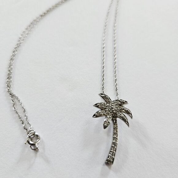 Fine Arts Silver FAS 925 Sterling Silver Simulated Diamond Palm Tree Necklace - Picture 2 of 12